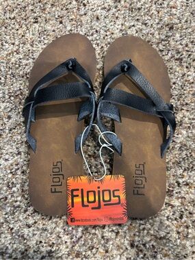 Flojos Black Strappy Sandals with Brown Footbed